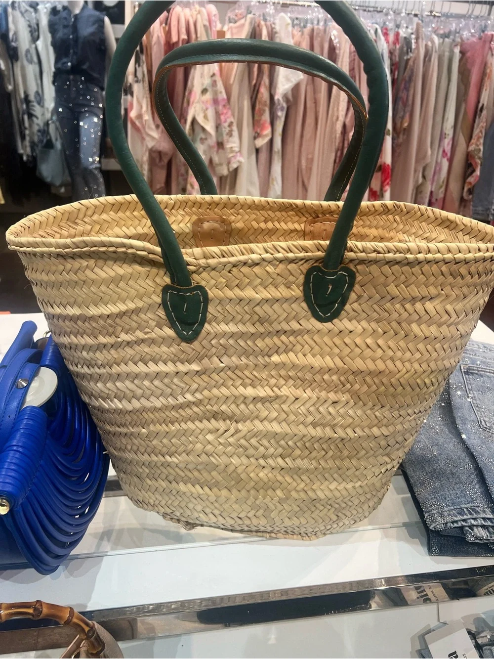 Woven Straw Tote with Green Leather Handles - Picture 2 of 2